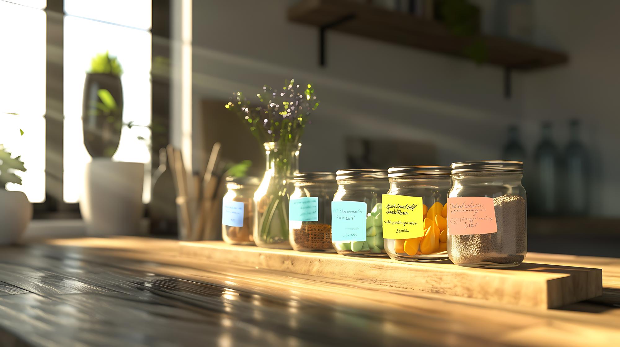 Small commercial kitchen counter with jars, labels and utensils